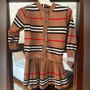 Striped Knit Cardigan & Skirt Set - Camel, Black, White, Red